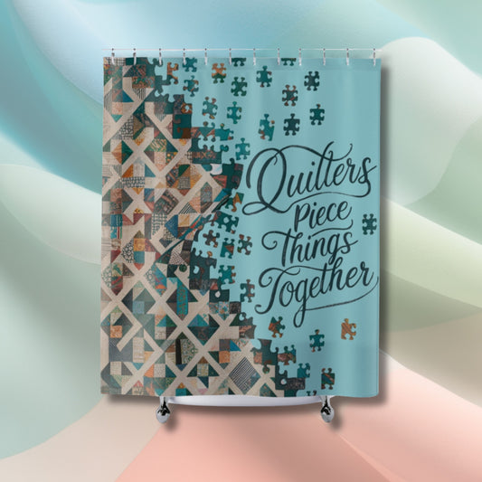 A quilting-inspired shower curtain with a tranquil design of a quilt transforming into puzzle pieces.  A perfect gift for quilters.