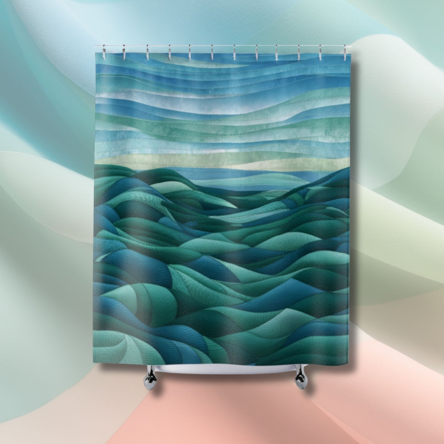 A quilting-inspired shower curtain with a soothing quilting design on a shower curtain.  A perfect gift for quilters.