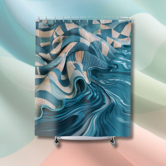 A quilting-inspired shower curtain with a bold and delightful shower curtain in white and blue showing a quilt transforming into water.  A perfect gift for quilters.