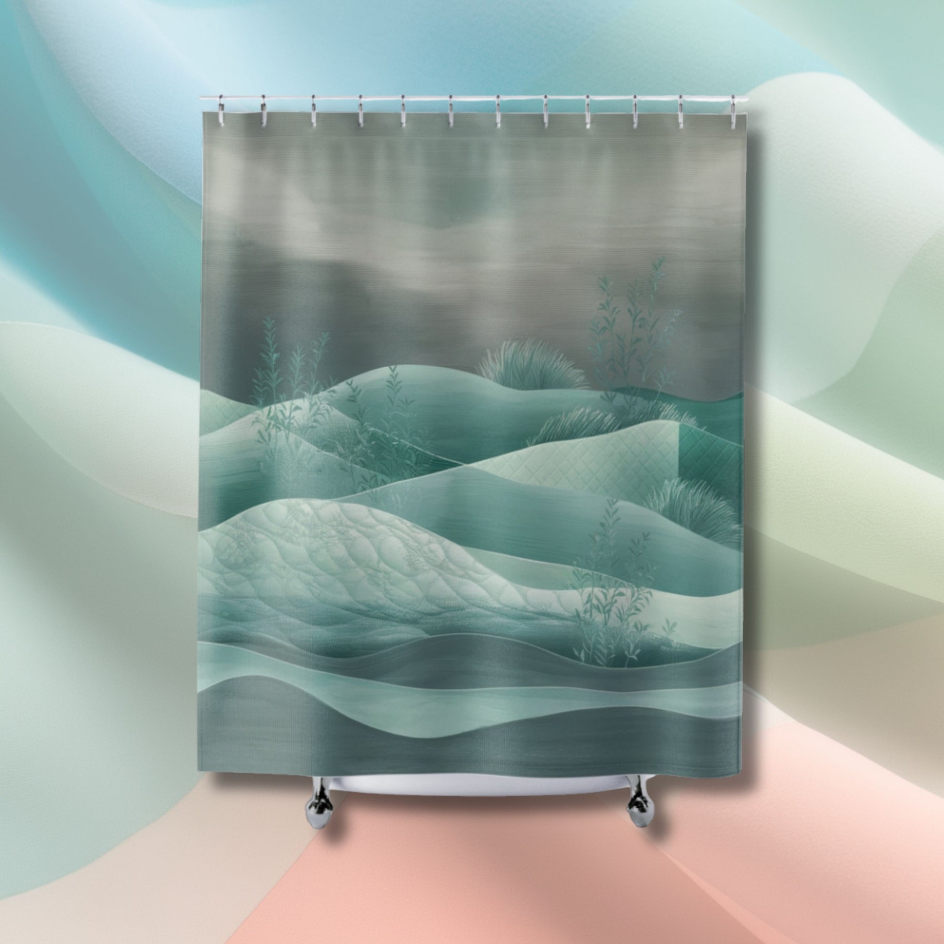 A quilting-inspired shower curtain with a tranquil shower curtain in greens and teals showing a quilted hillside scene.  A perfect gift for quilters.