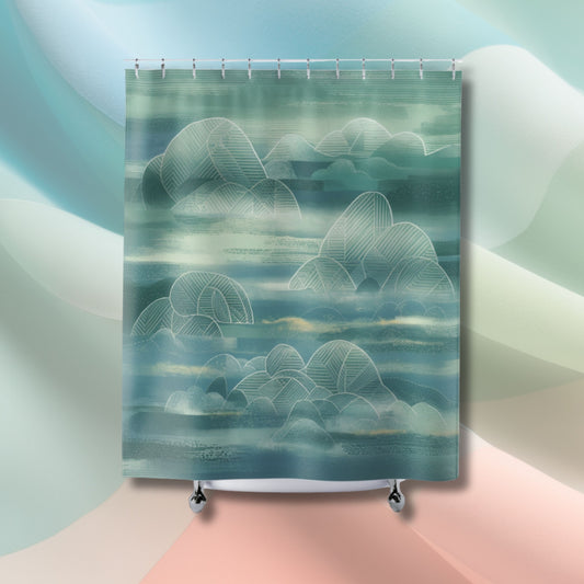 A quilting-inspired shower curtain with a tranquil shower curtain in greens and teals showing a quilted mountain scene.  A perfect gift for quilters.