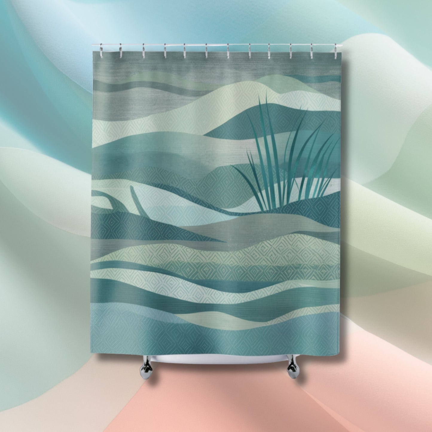 A quilting-inspired shower curtain with a tranquil shower curtain in greens and teals showing a quilted ocean scene.  A perfect gift for quilters.